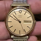Vintage Timex M CELL Day-Date Gold Tone Case Quartz Analog Men's Watch