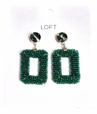 Loft Crystal Beaded Rectangle Statement Earrings Deep Spruce Green Goldtone New