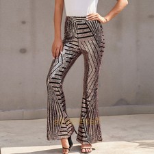 Women Stylish Sequin High-waisted Baggy Straight Leg Pants Bell-Bottom Wide-Leg