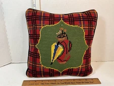 Needlepoint Throw Pillow Golf Bag Tartan  Plaid Black Velour Backing Piping Edge