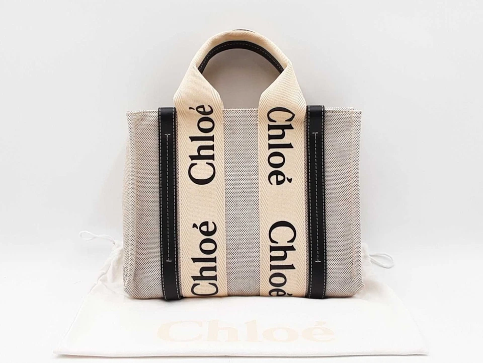 Bolso de Mano Chloe Woody Pequeño en Beige Lino Eco y Cuero Azul Marino Fw1125oordu Foto 3 de 4