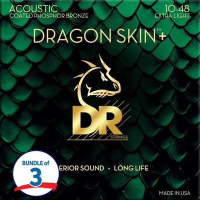 DR Strings Dragon Skin+ Phosphor Bronze Coated Acoustic Guitar Strings (3 Pack)