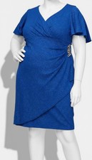SLNY Women's Blue Shimmer-Knit Sheath Lined Surplice Dress Plus' Size 24W