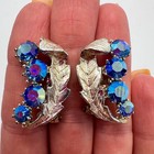 Vintage 1960s Clip On Earrings | Blue Aurora Borealis Rhinestones | Silver Tone