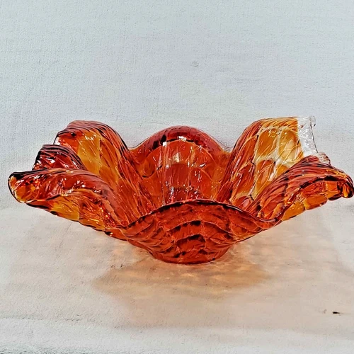 Vintage Murano Art Glass Ruffled Bowl Orange Amber Large 14"x14"x6" Hand Blown