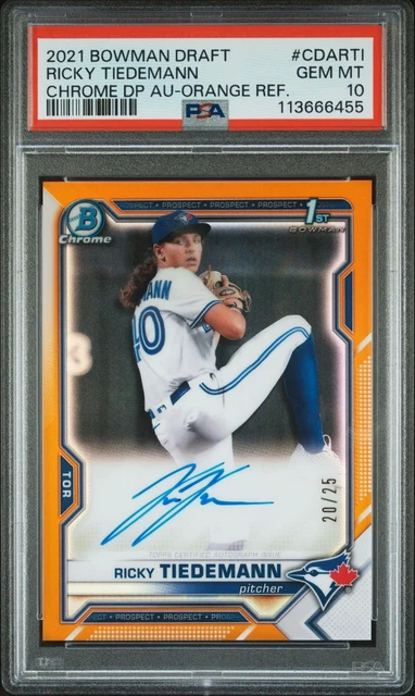 2021 Bowman Draft Ricky Tiedemann 1st Chrome Auto Orange Refractor 20/25 PSA 10