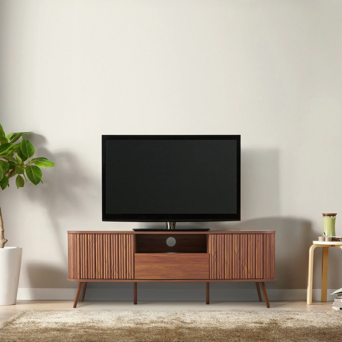 JONATHAN Y TVS1001 Damien Farmhouse Curved TV Stand w/ Drawer and