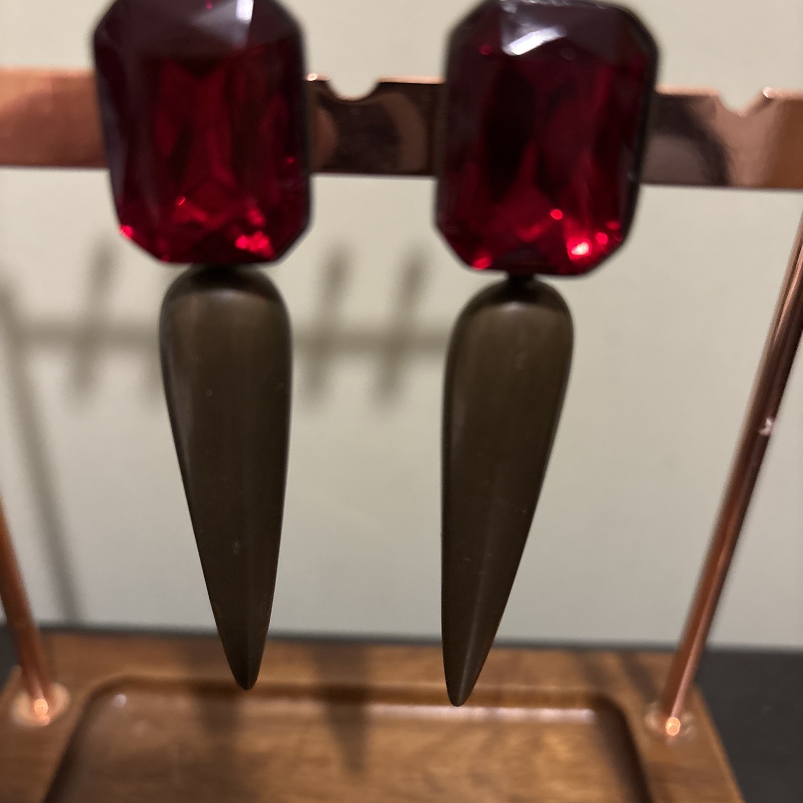 VTG Statement Dangle Clip On Earrings Ruby Red Fa… - image 3