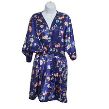 Vassarette Robe Kimona Womens XL Vintage Blue Satin 3/4 Sleeve Above Knee