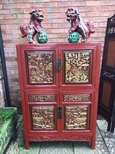 Rare Imperial Red Lacquer & Gilt Marriage Cabinet With Hand Carved Panels