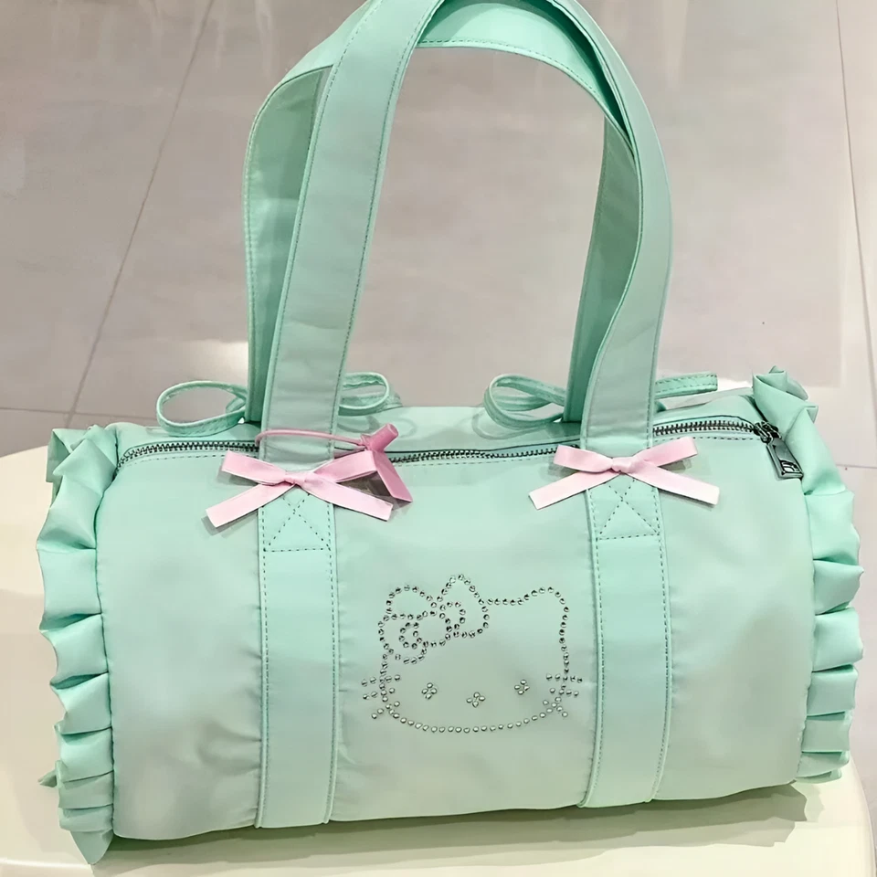 Bolso de Mano Hello Kitty Satinado Volantes Barril Grande Verde Menta Estrás Lona Bolso Foto 2 de 4