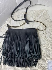 Bohemia Hippie Faux vegan Leather Black Bag 2 Rows Tassles 10  high Crossbody F45