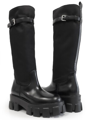 Prada Monolith Womens Platform Knee High Tall Boots Black Leather Size 38 / US 8