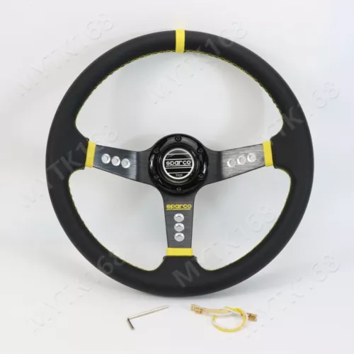 SPARCO LEATHER DEEP DISH STEERING WHEEL 14"INCH UNIVERSAL CAR Yellow COLOUR - Picture 2 of 9