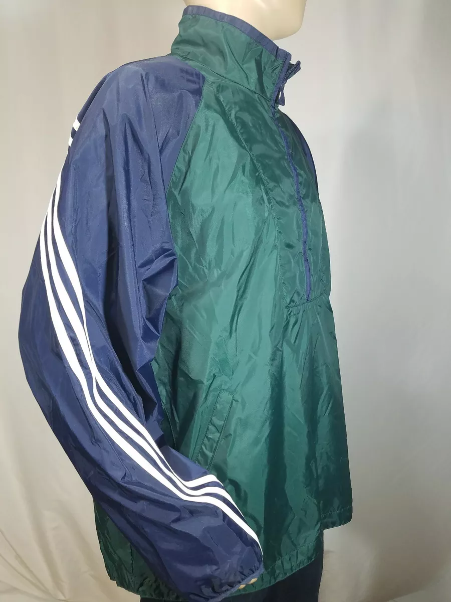 Vintage Adidas Hooded Windbreaker Jacket Coat 90s Pullover Green Blue Mens Large