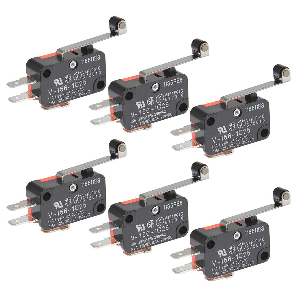 6Pcs V-156-1C25 Micro Limit Switch with Hinge Roller Momentary SPDT Snap Action