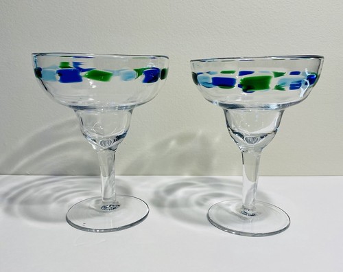 (2) Margarita Glasses Barware Clear w Blue & Green Fused Glass Celebrate Cheers! - Picture 6 of 6