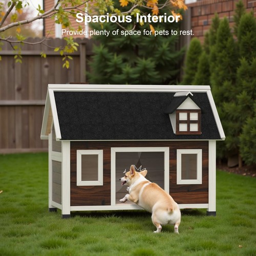 Outdoor Dog House Wooden Crate with Insulated Liner & Windows Waterproof Roof - Picture 4 of 9