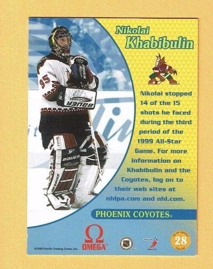 1998-99 Pacific Omega ONLINE insert # 28 Nikolai Khabibulin COYOTES GOALIE - Image 2 of 3