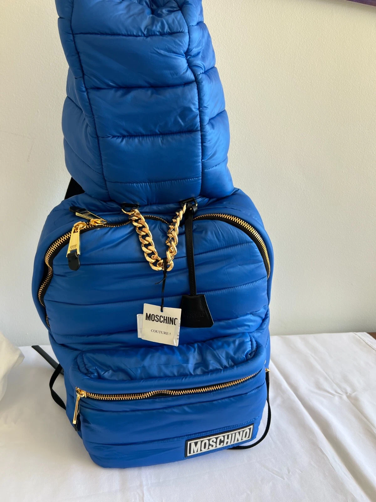 Zaino blu AW20 Moschino Couture Jeremy Scott OVERSIZE con cappuccio attaccato