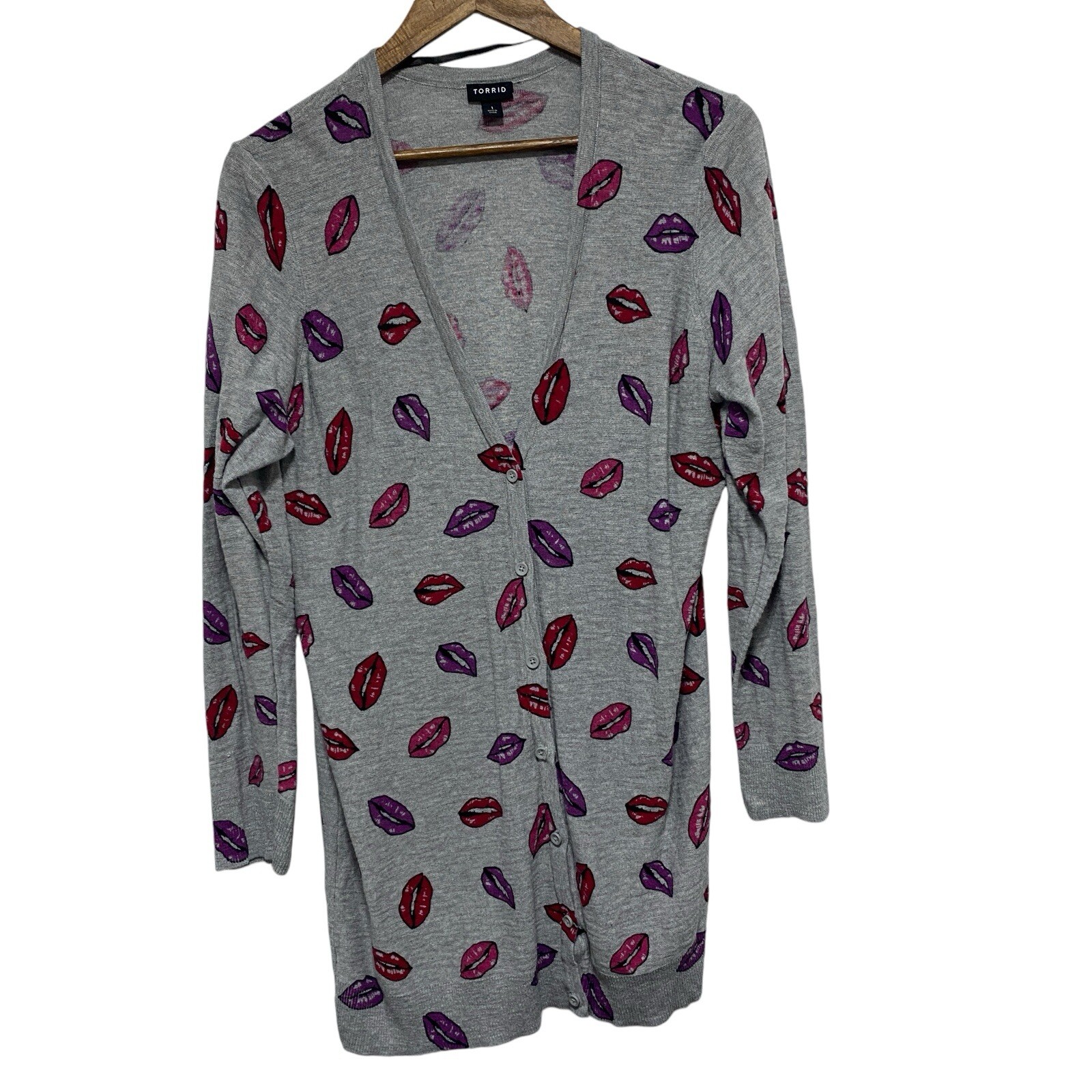 Torrid Womens 1X Gray Lips Print Lightweight Button Front Cardigan Long Sleeve-image