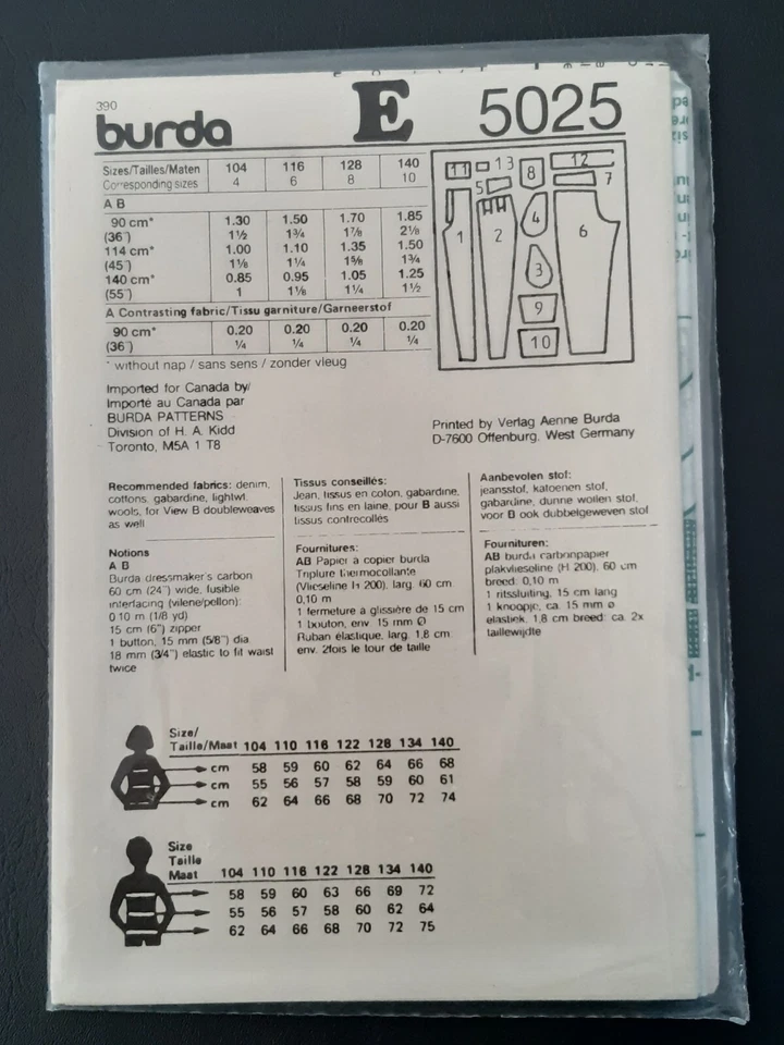 BURDA PATTERN - 5025 GIRL BOY CHILD'S PANTS TAPERED YOKE FRONT PLEATS 4-10 UNCUT - Image 2 of 2