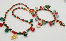 Christmas Charm Bracelet & Necklace Set STRETCH Macy's Holiday Lane Red & Green 