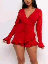 Red Romper Long Flare Sleeve V-Neck Ruffle Hem Waist Tie S M L New