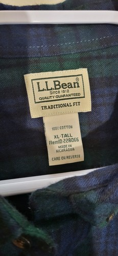 LL Bean Long Sleeve Button Shirt Mens XL Tall Green Tartan Plaid Flannel - Picture 2 of 5