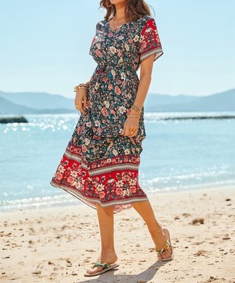 Women's Boho Floral Maxi Long Dress Summer Beach Party Holiday Loose Sundress US