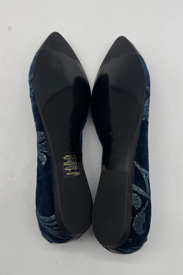 Lanvin Azul Terciopelo Negro Cuero Gorra Punta Estampado Floral Plano Mujer Talla 37 Foto 4 de 4