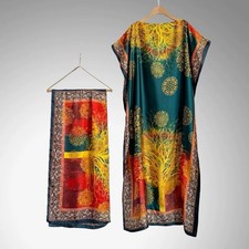 Women’s Luxury Floral Print Kaftan Dress with Matching Scarf Silk-Feel One Size
