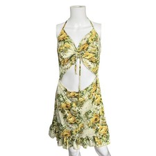 PrettyLittleThing Yellow Floral Dress with Cutouts Halter Neck Womens Size 10