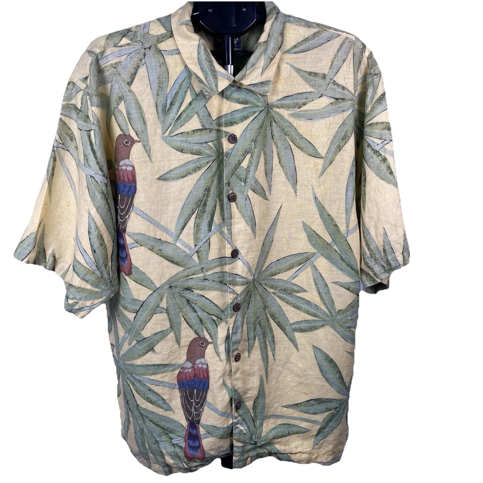 Tommy Bahama Mens XL 100% Linen Hawaiian Shirt Birds Bamboo Camp Button Up
