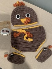 Infant Turkey Hand Crocheted Fall Theme Hat Diaper Cover Booties 0 To 9 Month
