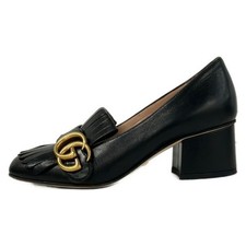 GUCCI Marmont 5cm Heel Pumps EU34 US4 Black Leather Double G Fringe Detail