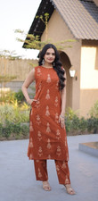 Cotton Kurti Pant Set Printed Sleeveless Kurta Palazzo Suit Casual Ethnic Wear