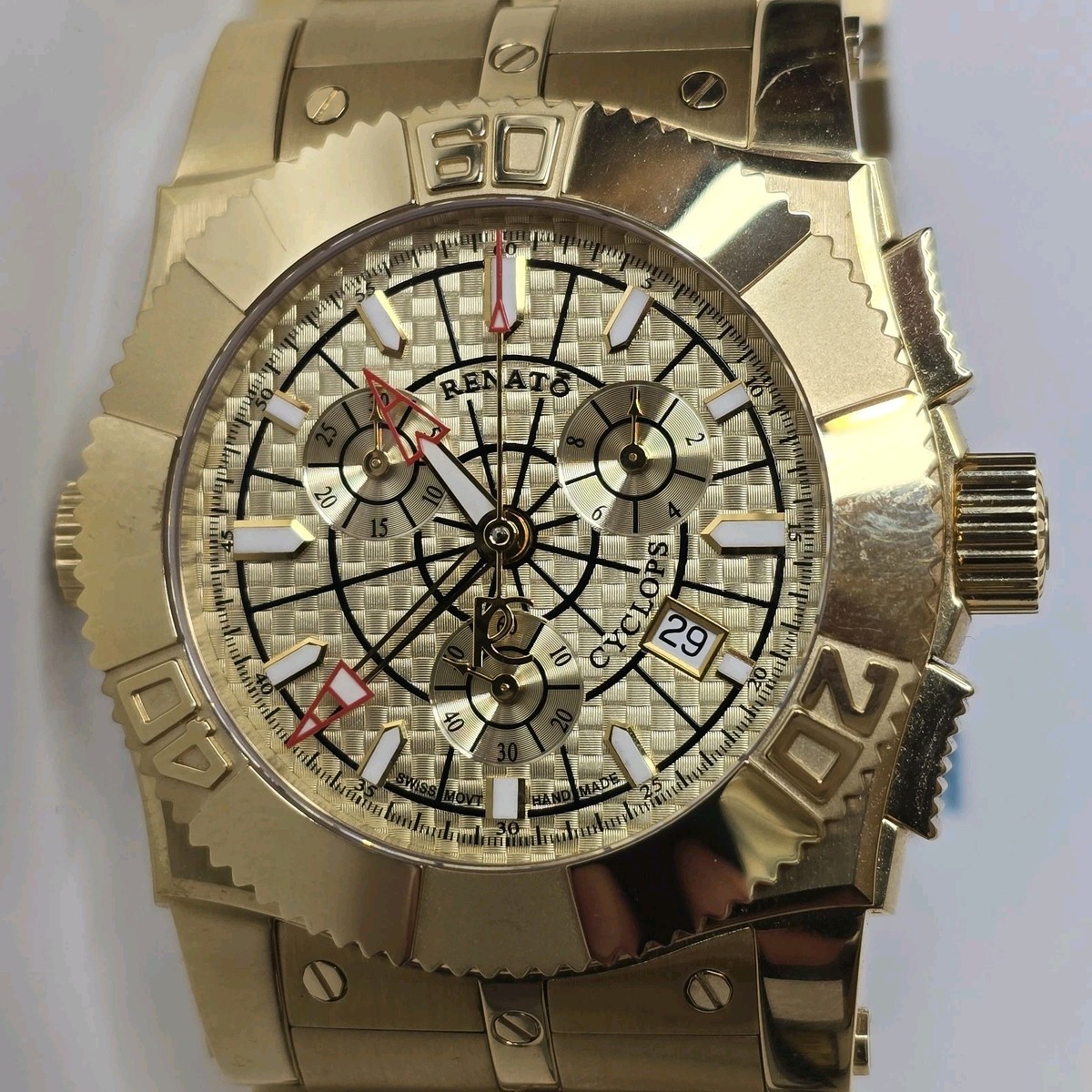 Renato Collezioni Cyclops Swiss Quartz Chronograph Watch Gold 43mm