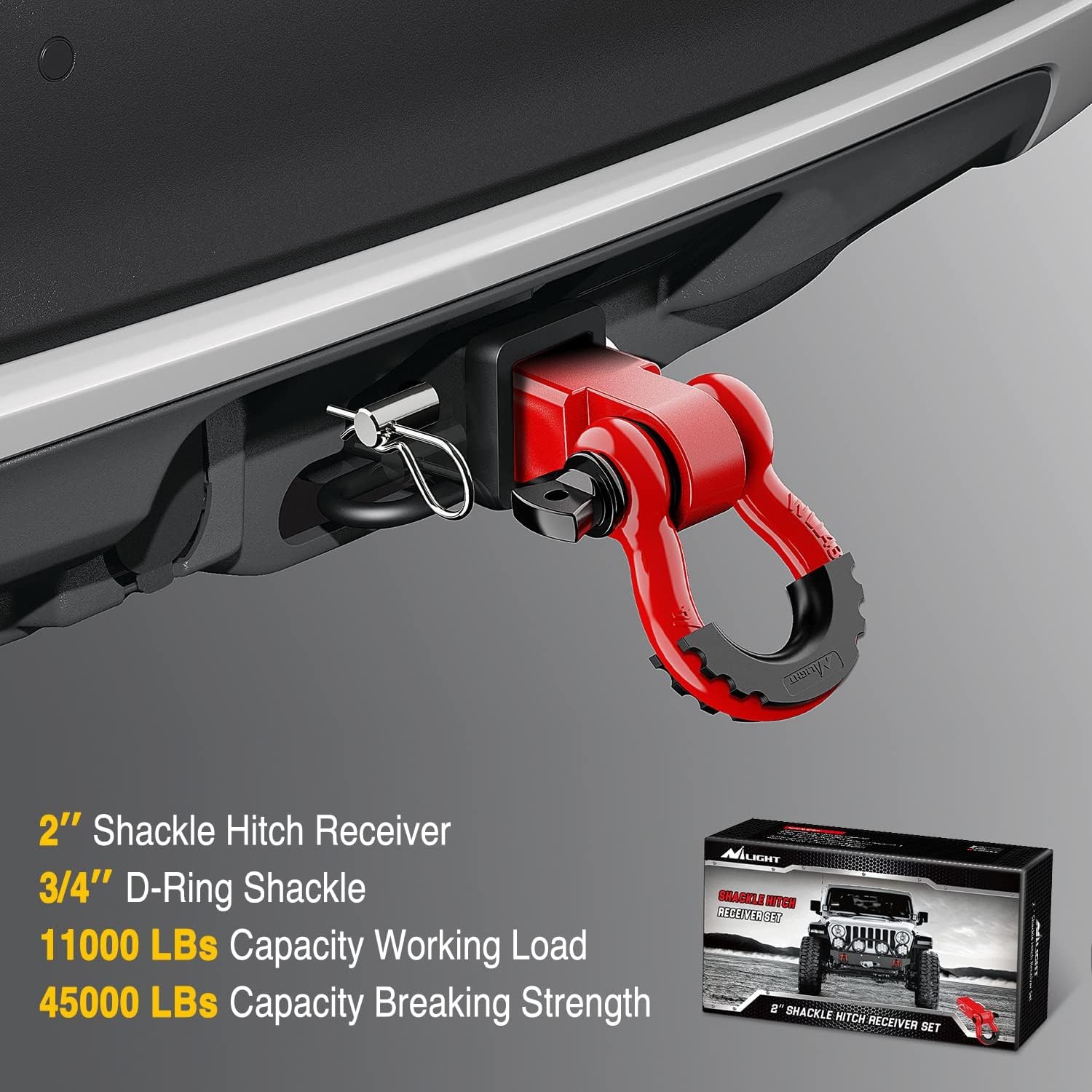 Nilight Shackle Hitch Receiver 2Inch 45000 LBs Breaking Strength 3/4" D Red 