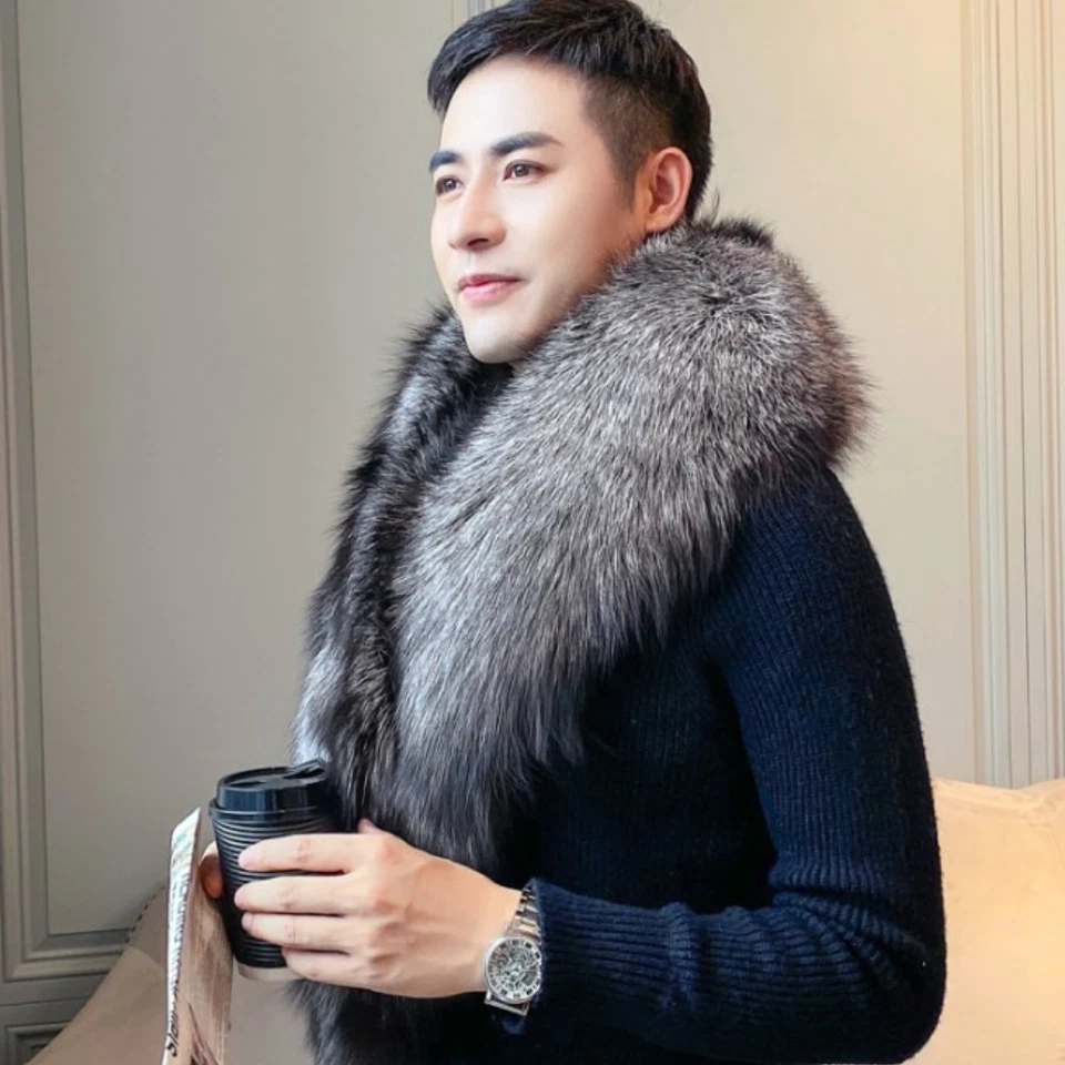 Pañuelo de piel de zorro real para hombre con cuello de bufanda de invierno cálido chal plateado negro Foto 4 de 4