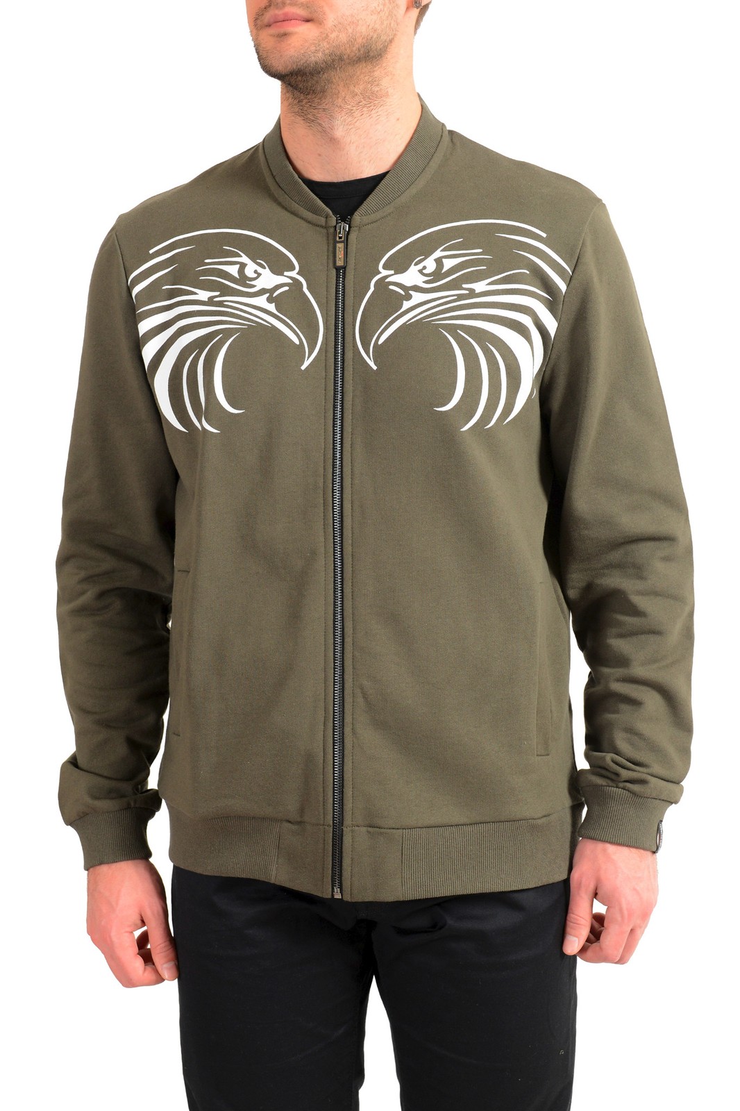 Спортивная мужская зеленая спортивная куртка-бомбер Roberto Cavalli Sport на молнии с графическим принтом 18390₽