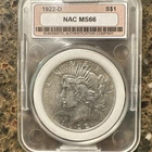 1922-D $1 Peace Silver Dollar - NAC MS66 - Business Strike - Denver KM#150