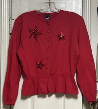 Vintage MONDI Red Soft Sumptuous Peplum Sequin Stars Sweater 36 s -West Germany