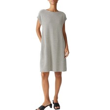 Caslon Gray White Striped Stretch Knit Midi Roll Sleeve T-Shirt Dress Size Small