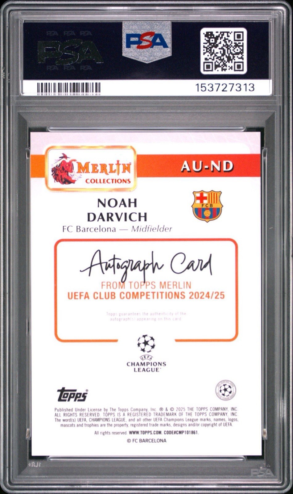 2024-25 Merlin UEFA Club Competitions Noah Darvich Auto PSA 10 Rookie view 2