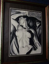 Unknown Painter, Reclining Female Nude, Charcoal Drawing, Circa 1950