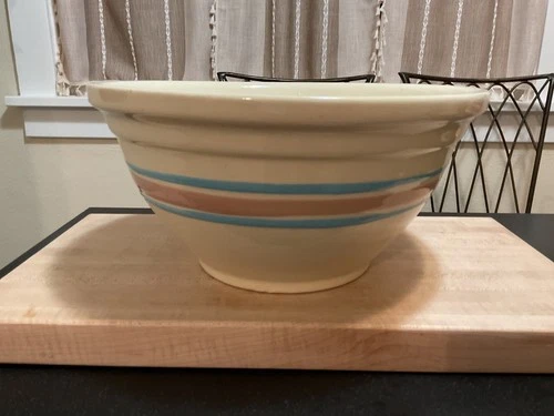 Vintage McCoy Oven Ware Pink Blue Stripe Mixing/Dough Bowl #14