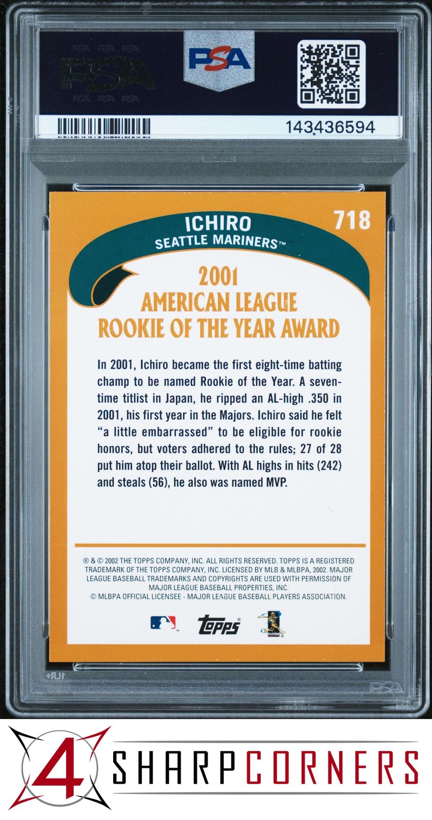 2002 TOPPS #718 ICHIRO SUZUKI MARINERS HOF PSA 9 view 2