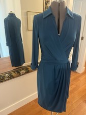 NWT Eliza J Faux Wrap Dress Long Sleeve Collared Teal Peacock Size 4