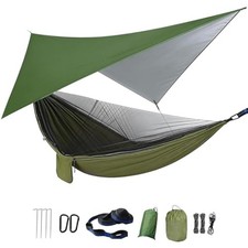 Camping Hammock with Rain Fly Tarp Mosquito Net Heavy Duty Tree Straps Portable